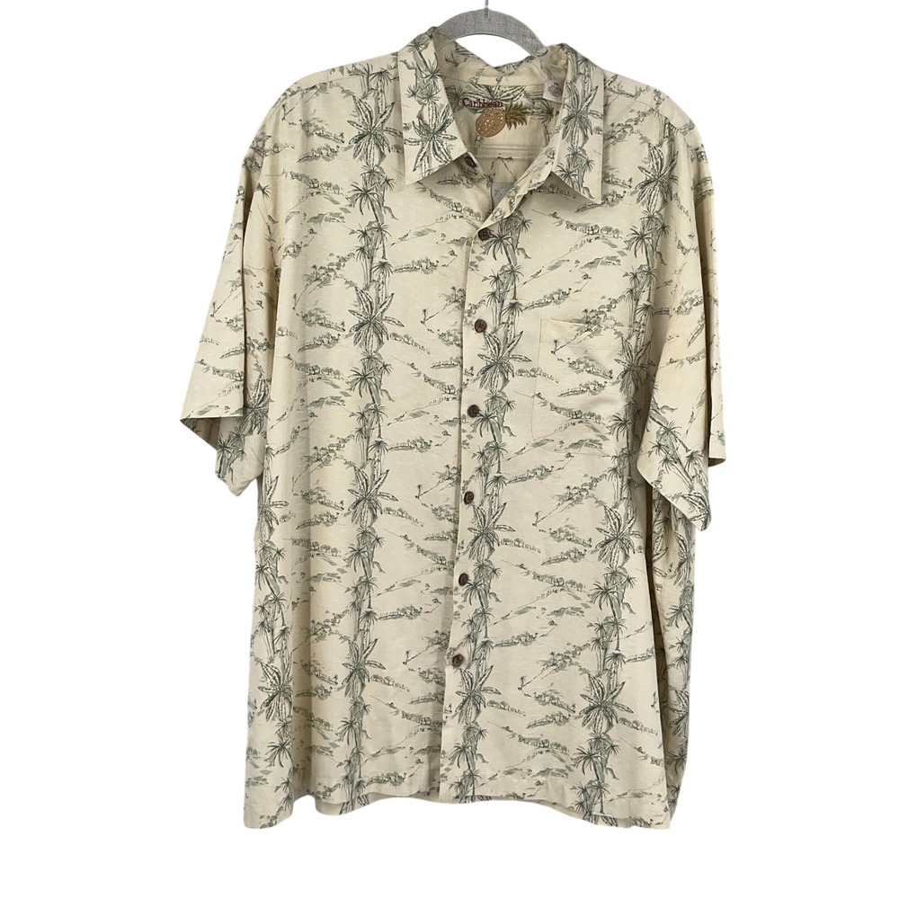 Caribbean Mens Sz XXL Silk Cotton Blend Aloha Hawaiian Shirt Palm Trees Print